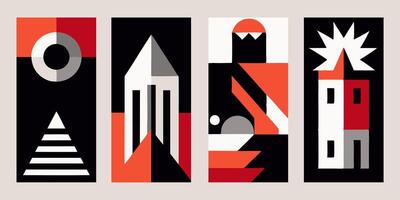 A set of four posters with geometric shapes and a building vector