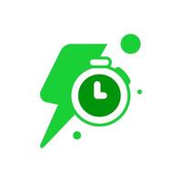 flat illustration featuring lightning bolt and stopwatch symbolizing fast charging. clean and minimalistic design for showcasing features like quick charge, fast power delivery, or energy efficiency vector