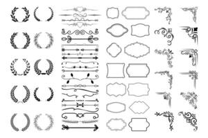 Vintage calligraphic elements. Decorative frames, flourish dividers, borders. Beautiful swirls, sinks decorated with motifs and scrolls. Circle, square and rectangular frames for cards vector