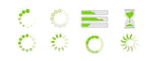 Collection of green loading animations and progress bar icons, hourglass, spinner, and progress indicators illustration vector