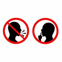 Please be quiet and calm. Shhh sign icon with a black face and a man's hand with a red circle. Finger covering mouth on white background. silhouette. vector