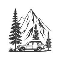 car in the mountains with trees and mountains vector