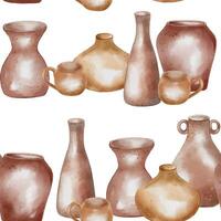 Pottery various shape and size stand in a row. Kitchen utensil handcrafted hand drawn in natural tone watercolor seamless pattern isolated. Pattern with jug and pot for design textile, package, paper. vector
