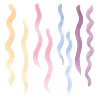 Wavy lines in a gradient of soft colors in watercolor hand drawn. Lines painted in shades of peach, pink, blue, and lavender for creating marine pattern. Set of curly lines for nautical ornate vector