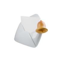 3d modern, minimalist illustration of white open envelope and yellow bell, symbolizing communication and alertness in a clean, playful design, perspective view isolated on clean background png