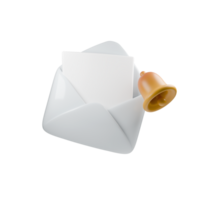 3d modern, minimalist illustration of a white open envelope and yellow bell, symbolizing communication and alertness in a clean, playful design png