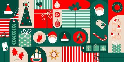 Christmas geometric banner with holiday elements icons. Xmas and New Year seamless pattern in abstract geometric style for background,wrapping paper,wallpaper. Holiday season, modern design. vector