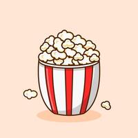 Salted popcorn in a red and white striped paper container. Icon illustration of a pack of fast food, popcorn for watching a movie or cinema designed in cartoon flat style. vector