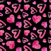 Watercolor drawn pink hearts seamless pattern on black background.Drawing hearts for Valentine's day background. Love seamless design for paper, wrapping paper, web, print, textile. illustration vector