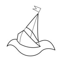 Boat on a wave in black outline. Doodle clip art for your projects. vector