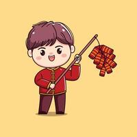 Cartoon Character in Traditional Red Outfit chinese new year with firecrackers vector