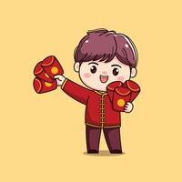 Cartoon Character in Traditional Red Outfit chinese new year by bringing red packets vector