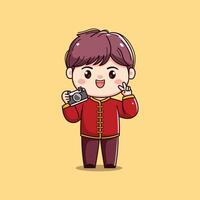 Cartoon Character in Traditional Red Outfit chinese new year carrying a camera vector