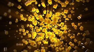 Abstract illuminated golden square shapes float in black space video
