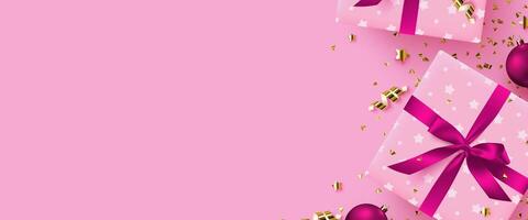 Pink gift boxes with ribbons and confetti on a pink background vector