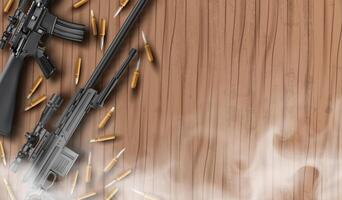 A gun and bullets on a wooden background vector