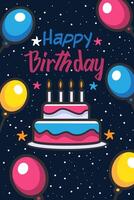 Happy birthday card with colorful balloons and cake vector