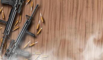 Two guns and bullets on a wooden table vector