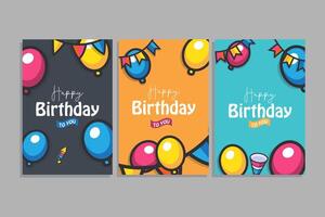 Set of Happy birthday cards with colorful balloons and bunting flags vector