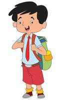 Cute boy dressed in school uniform with bag on the back and bottle around the neck vector