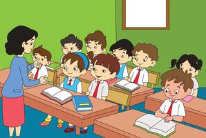 teacher and students are studying in the classroom vector
