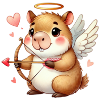 Cute capybara with wings and a bow, surrounded by hearts. Animal cartoon character. png