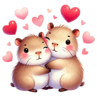 Cute capybara hugging with hearts in a joyful illustration. Animal cartoon character. png