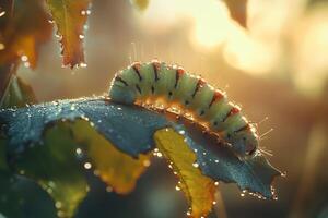 A caterpillar crawls on a dewy leaf in warm sunlight. photo