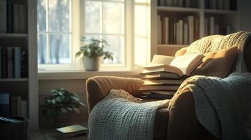 A cozy reading nook with a comfortable chair, a stack of books, and a warm blanket, lit by soft natural light from a nearby window photo