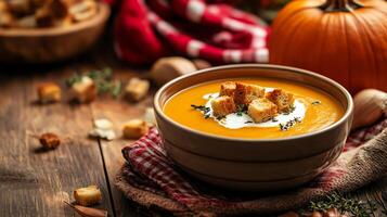 A cozy autumn setup with a warm bowl of pumpkin soup, topped with cream and croutons, surrounded by seasonal ingredients photo