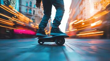 A dynamic image of a futuristic hoverboard zipping through a city street, with a young person enjoying the ride photo