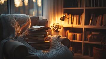 A cozy reading nook with a comfortable chair, a stack of books, and a warm blanket, lit by soft natural light from a nearby window photo