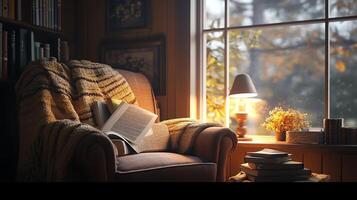 A cozy reading nook with a comfortable chair, a stack of books, and a warm blanket, lit by soft natural light from a nearby window photo