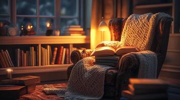 A cozy reading nook with a comfortable chair, a stack of books, and a warm blanket, lit by soft natural light from a nearby window photo