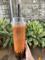 Refreshing bubble tea experience outdoor garden beverage photography natural setting close-up view trendy lifestyle choice photo