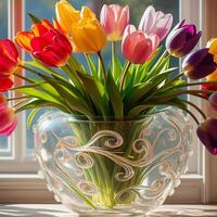 Vibrant Tulips In A Clear Glass Vase photo