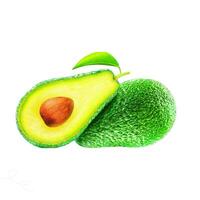 green fresh whole and half cut avocado with leaf side view isolated. photo