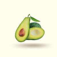 green fresh whole and half cut avocado with leaf side view on white background photo