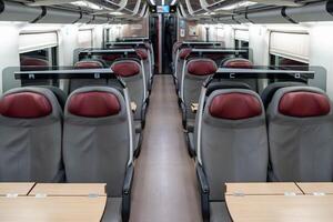The interior of a modern high-speed train with no people on it photo