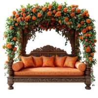 an orange couch with flowers on top transparent background png