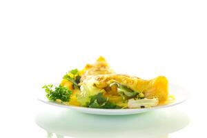 egg roll with sweet pepper and salad, isolated on white background photo