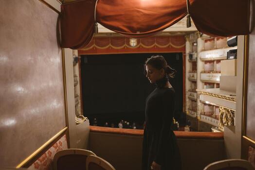 un elegante teatro escena con un mujer graciosamente sentado en un felpa caja asiento, cautivador todas foto