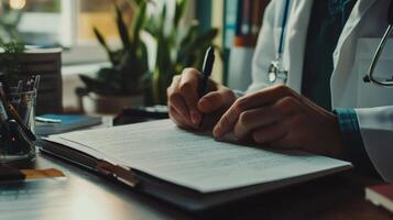 Therapist takes notes for client as part of a mental health evaluation during a counseling session in a professional office photo