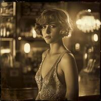 A woman in a vintage flapper dress poses confidently in a dimly lit speakeasy, showcasing intricate beading and an elegant style photo