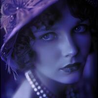 Softly lit portrait captures a woman in 1920s fashion, complete with cloche hat and pearls, set against a moody jazz club backdrop photo