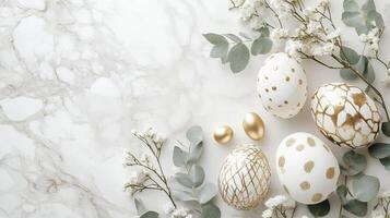 Elegant Easter decor features beautifully arranged eggs with soft eucalyptus leaves and tiny flowers for a sophisticated holiday vibe photo