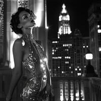 Confident woman stands in a sequined gown against an art deco backdrop, showcasing the glamour of the 1920s in a bustling city at night photo