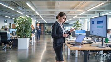 Businesswoman at Ergonomic Standing Desk in Modern Office. Promoting Well-being, Productivity, and Healthy Workspace. Workplace Wellness and Productivity Concept. photo