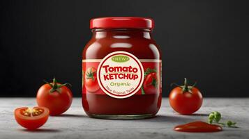 Glass Jar of Tomato Ketchup with a sticker label and Fresh Tomatoes on Dark Background photo