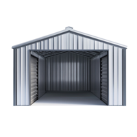 a metal garage with a door open on a Transparent Background. png